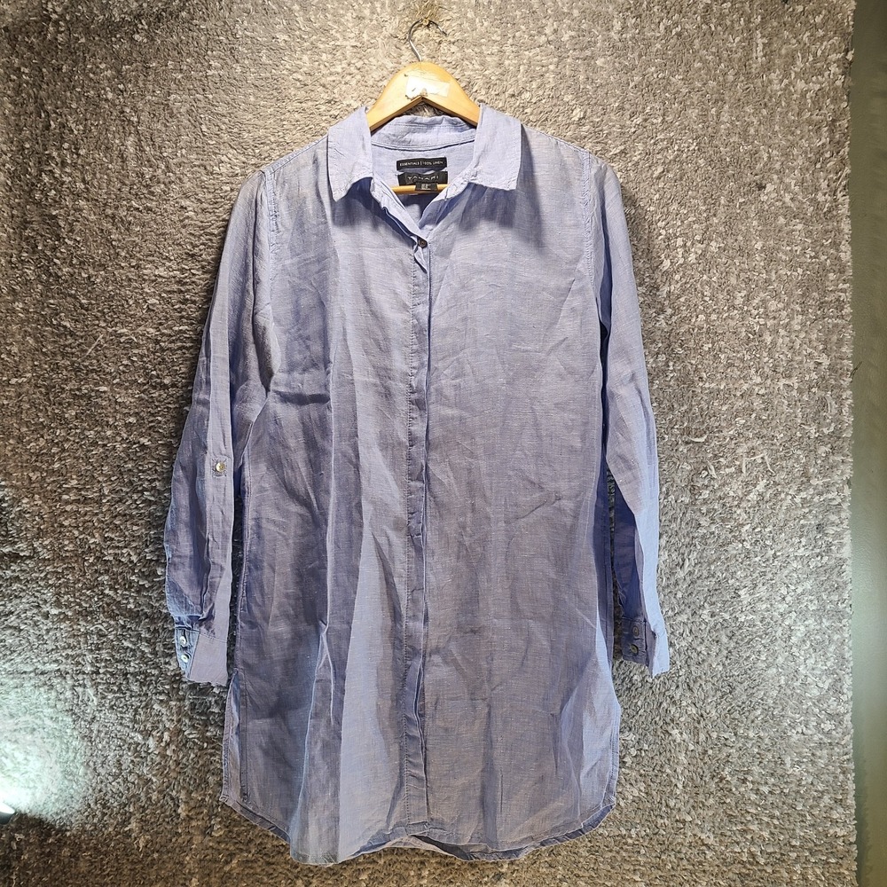 Tahari Button Up Tunic Shirt Dress M Womens 100% Linen Side Slit Breathable Blue